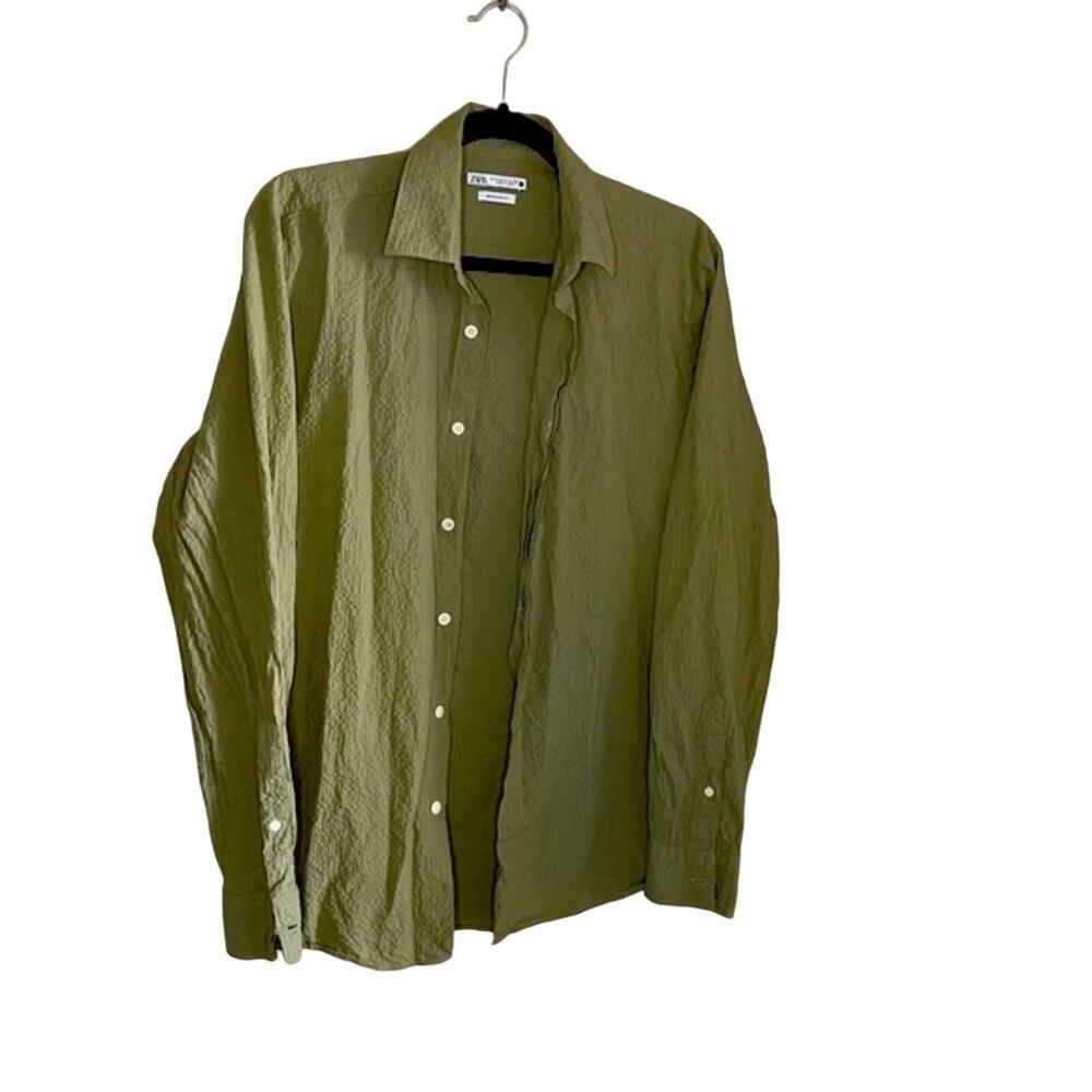 Zara Olive Green Relaxed Fit Long Sleeve Button Down Blouse Top Women Size Small